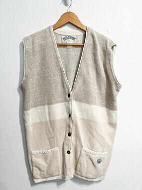 Blue Willis Sweater Vest Mens Large Ivory Tan Knit Fisherman Button Up 90s
